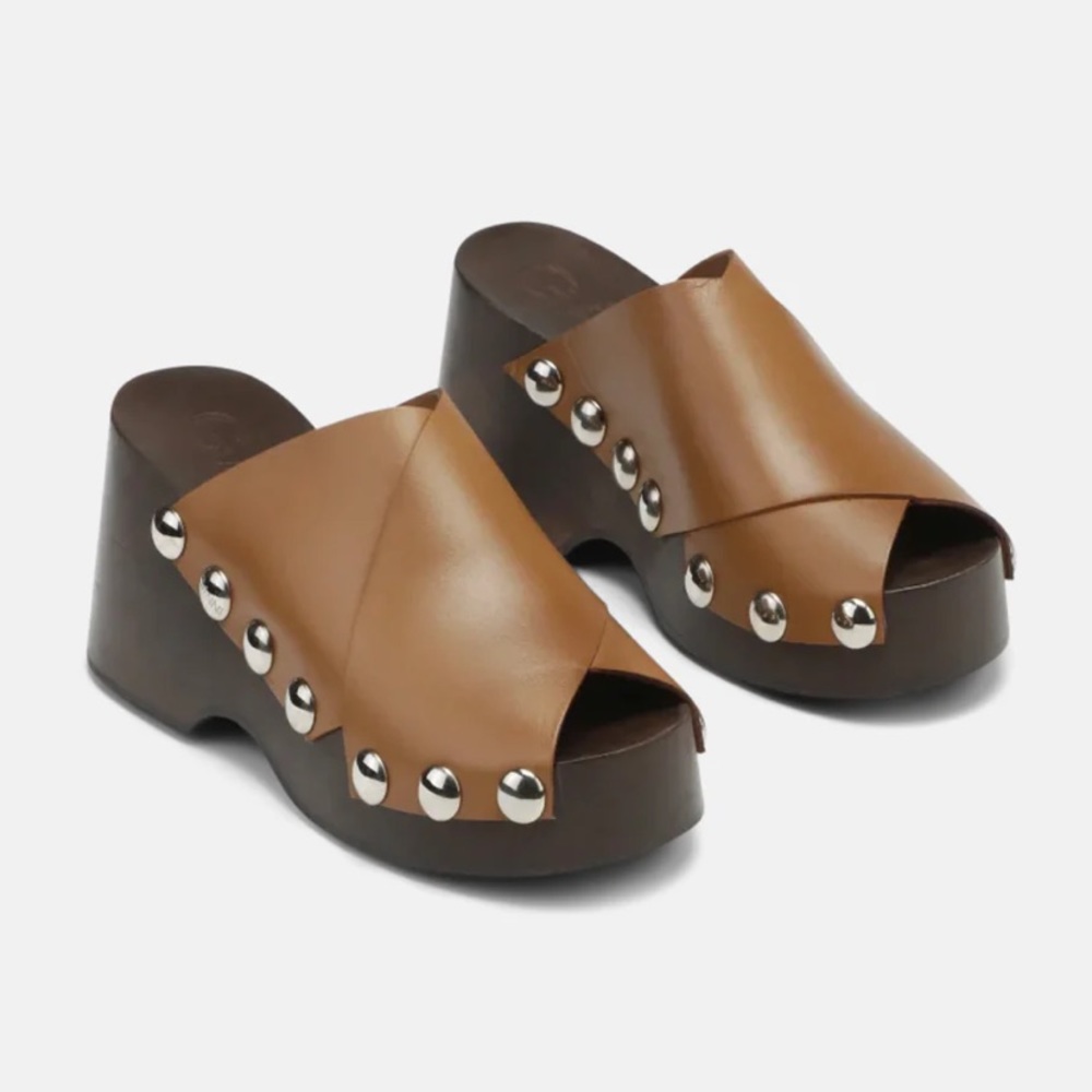 Ganni Brown Open Toe Studded Clog - Leather